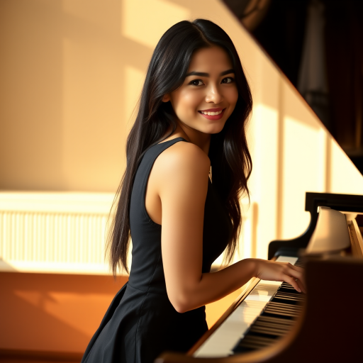 A young woman with long, dark hair smiles at the viewer as she sits at a grand piano, her right hand poised over the keys. The scene is lit by warm, natural light, highlighting the elegant simplicity of the woman's black dress. The perspective is from the side, emphasizing the contrast between the woman's delicate form and the grand scale of the piano. The ivory keys and dark wood of the piano create a striking visual contrast, further emphasized by the rich black of her dress.