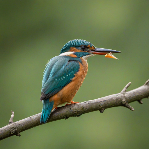 A vibrant kingfisher perched on a branch with a blurred green background, captured with a Canon EOS R5, 85mm lens, aperture f/2.8, ISO 200, shutter speed 1/250s, in soft focus style for enhanced detail and clarity.