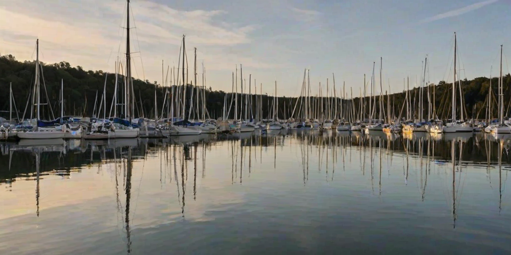 Small harbor filled with sailboats, the water reflecting the late afternoon sky, and a woman sitting at the edge of the dock, her feet dangling over the water.