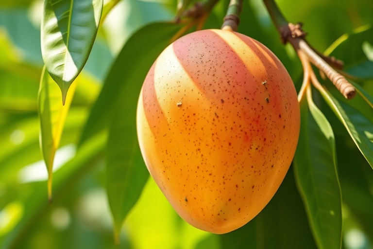 Create a high-resolution, vibrant illustration of a mango with lush green leaves, captured in a close-up view using a DSLR camera at f/2.8 aperture, ISO 100, and a 50mm lens, in a bright, natural lighting environment.