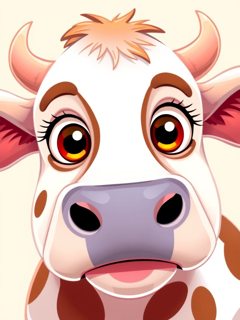 Create a cartoon-style illustration of a cow's face with large expressive eyes, centered composition, bright colors, using a DSLR camera with a 50mm lens, f/1.8 aperture, ISO 100, and natural lighting for enhanced clarity and vibrancy.