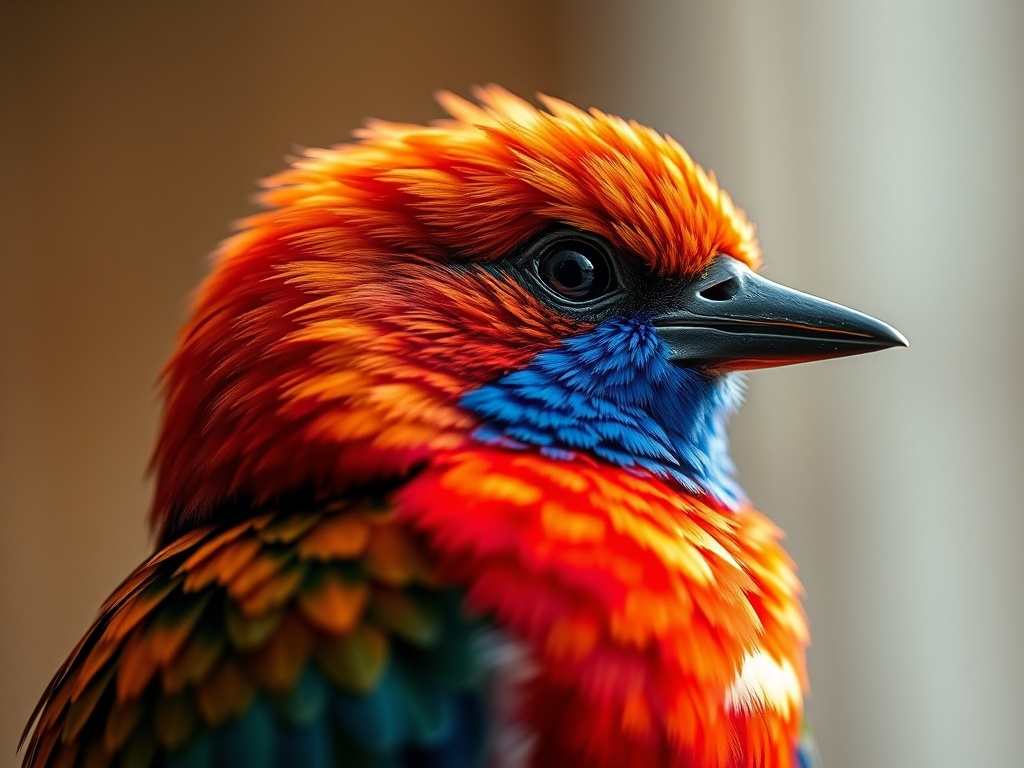 Capture a close-up shot of a colorful bird with intricate feather details in soft, diffused lighting using a Canon EOS R5 with a 85mm f/1.2 lens, aperture set to f/2.8, ISO 200, and a shallow depth of field to create a blurred background.