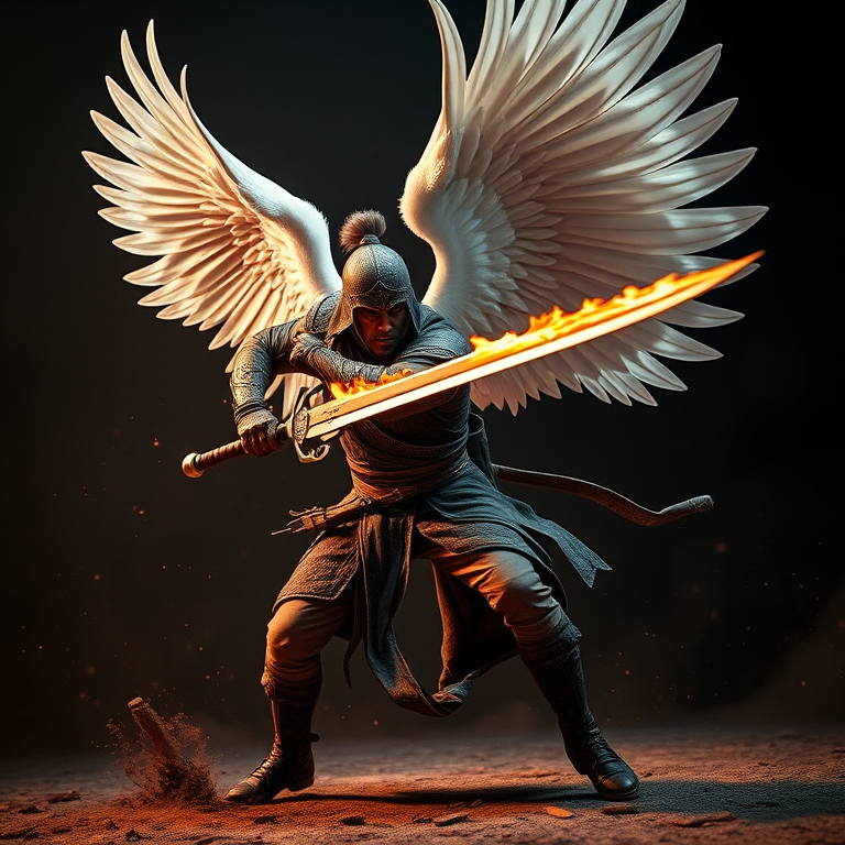 Create an action-packed image of a powerful warrior with white wings wielding a flaming sword in a dynamic pose, using a DSLR camera with a 50mm lens at f/1.8, ISO 100, 1/500s shutter speed, from a low angle to emphasize strength and movement.