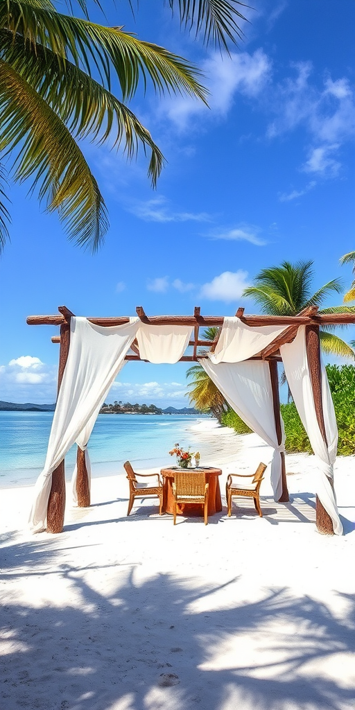 Create a picturesque tropical beach scene featuring a serene, white sandy shore. In the foreground, there's a rustic wooden canopy with white drapes gently flowing in the breeze. Underneath the canopy, a table is set with tropical decor, evoking a sense of relaxation and leisure. The beach extends into a calm, shallow water area with reflections of the sky and surroundings. Palm trees and lush greenery line the edge of the beach, providing a natural, tropical backdrop. The sky is clear with a few scattered clouds, and the overall atmosphere is tranquil and inviting, perfect for a peaceful retreat.