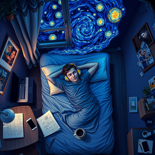 A top-down Van Gogh-style painting of a young man lying on his bed, listening to music with headphones. The room is softly lit with deep blues and purples, creating a peaceful nighttime atmosphere. The bed has a soft pillow, and the man's arms are resting behind his head. Around the bed, various glowing gadgets such as a smartphone, a laptop, and a small lamp are visible, casting a gentle light. The rest of the bedroom includes a desk with books, a chair, and a small rug on the floor. A window near the bed reveals a starry night sky with swirling stars, reminiscent of Van Gogh's 'Starry Night.' On the desk, there is a sketchbook with colorful drawings, a cup of coffee steaming gently, and a small potted plant. The walls have posters of famous paintings and a corkboard with pinned notes and photos. The scene is full of dynamic, swirling brushstrokes, capturing the essence of Van Gogh's unique style. The overall mood is serene and contemplative, with a touch of artistic inspiration.