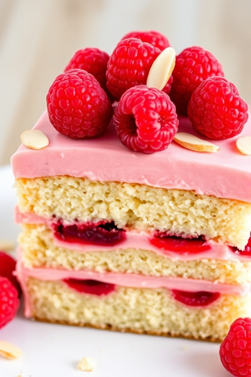 Deliciously Layered Raspberry Cake Topped with Fresh Berries and Almonds.