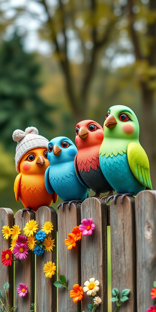 create a scene of 4 quirky  whimsical colourful comical birds each with a funny expression. they are sat on a wooden fence with colourful flowers. they are all different sizes. each one is a different colour  one is wearing a woolly hat. Each one has a different quirky google expression and there is a muted background of trees watercolour paintierly style high definition 8k resolution 3D paper mache