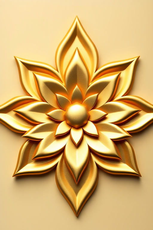 Create a high-resolution image of a symmetrical golden lotus flower design with a smooth metallic finish, captured using a DSLR camera with a 50mm lens, aperture set to f/2.8, ISO 100, and a soft focus background for depth.
