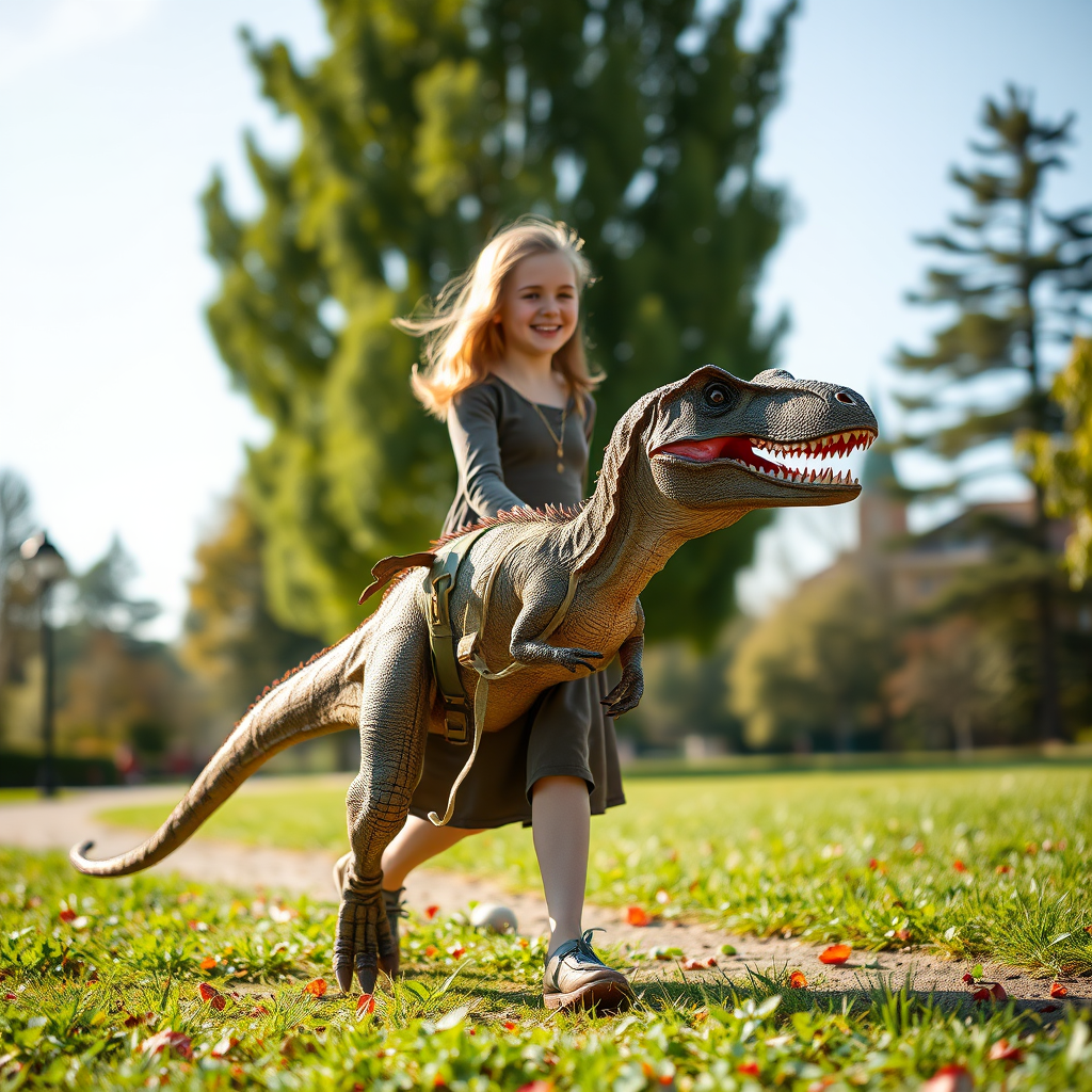 12 year old girl in a dress walking her pet Velociraptor on a leash through a park