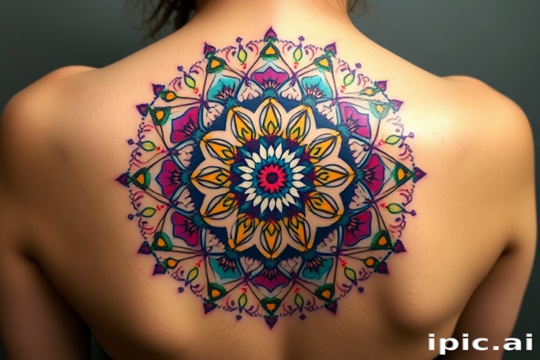 Colorful dotwork mandala tattoo, "Kaleidoscope Dream," using tiny, precisely placed dots in a rainbow of colors to create a mesmerizing circular design with intricate patterns and sacred geometry elements, ideal for a shoulder or upper back placement