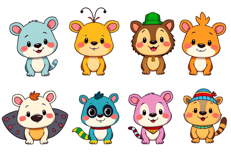 Generate a colorful cartoon illustration of six whimsical animal characters, arranged in two columns and three rows, featuring varying expressions and playful accessories, set against a bright, neutral background; camera settings: ISO 100, aperture f/4, shutter speed 1/100s; camera view: eye level; camera style: vibrant colors; camera type: DSLR.