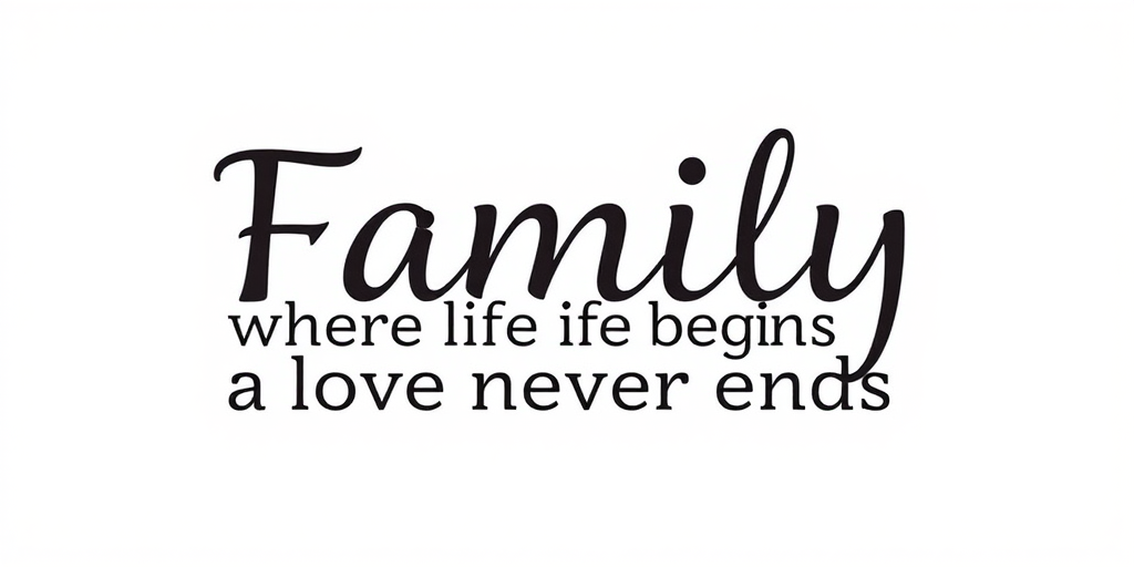 Create an artistic typography design featuring the words "Family where life begins and love never ends" in a modern, stylish font, shot with a Canon EOS R5, 50mm lens, f/1.8 aperture, ISO 100, natural light, ensuring high contrast and clarity.
