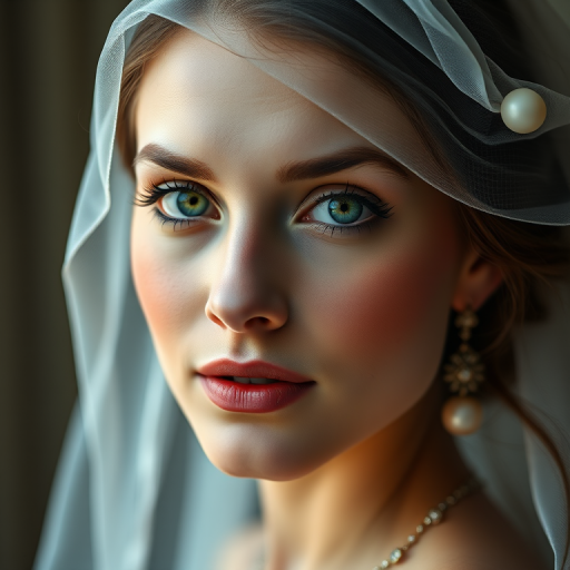portrait of a beautiful woman with green eyes and subtle makeup, wearing a delicate veil and elegant jewelry, softly lit with a blurred background, 85mm lens, aperture f/1.8, ISO 100, natural lighting, shallow depth of field, taken with a full-frame DSLR
