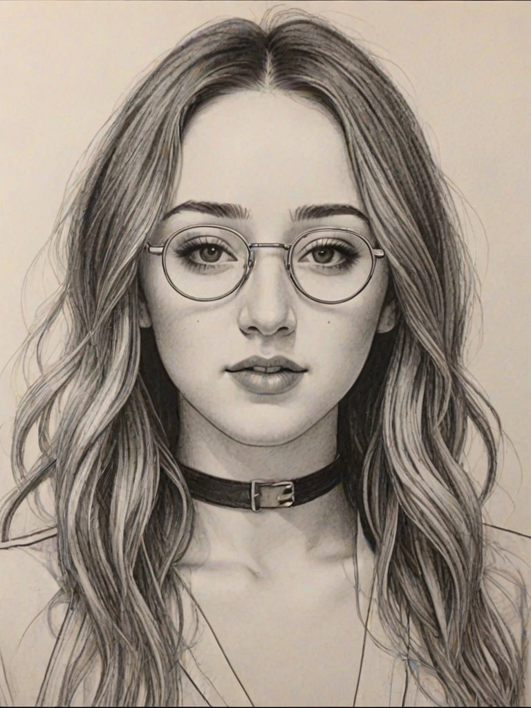 Stunning Noah Cyrus, pencil sketch, portrait of Radiant woman 1975s in glasses, hair style beatnik, outline, clear lines, fine lines, 8k