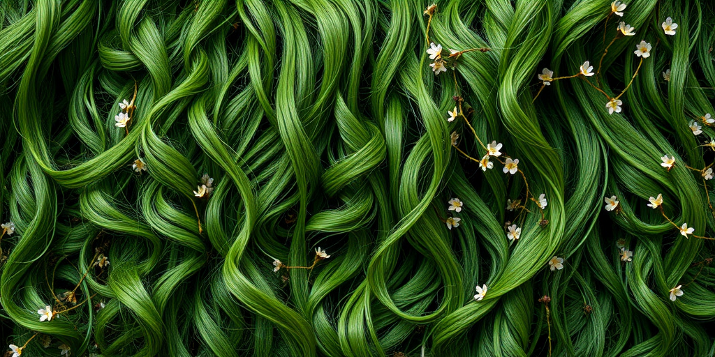 Enchanted forest green tresses intertwined with living vines and tiny blooming flowers, cascading in loose waves to create a magical woodland aesthetic