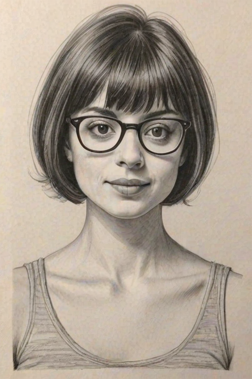 Bewitching Kate Micucci, pencil sketch, portrait of Appealing woman 1972s in glasses, hair style beatnik, outline, clear lines, fine lines, 8k