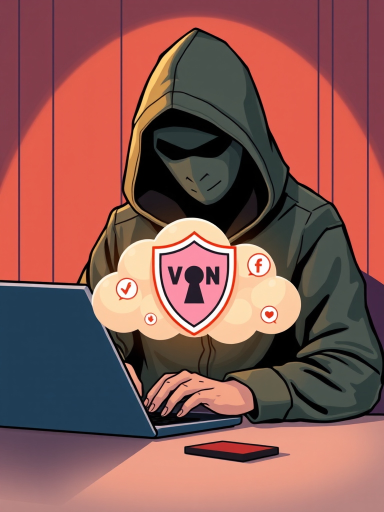 Create an illustration depicting a hooded figure using a laptop, with a secure VPN shield symbol separating the figure from a cloud with social media icons, shot from a top-down angle, using a 50mm lens at f/1.8 for a shallow depth of field, in a well-lit environment, rendered in vector style.