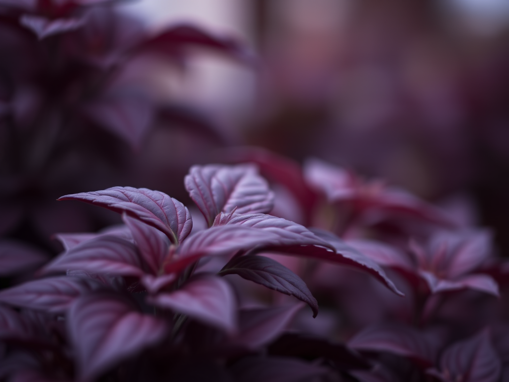 close-up shot of dark purple foliage with a soft focus background, f/2.8 aperture, 50mm lens, ISO 100, taken with a DSLR camera, natural light, macro photography style