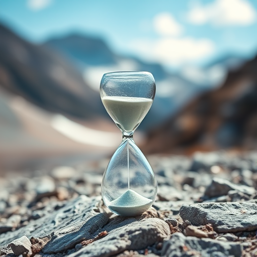 an hourglass on a rocky surface with a blurred mountain background, captured with a DSLR camera at f/2.8, 1/200 sec, ISO 100, 50mm lens, focused on the hourglass, natural light to enhance details and contrast