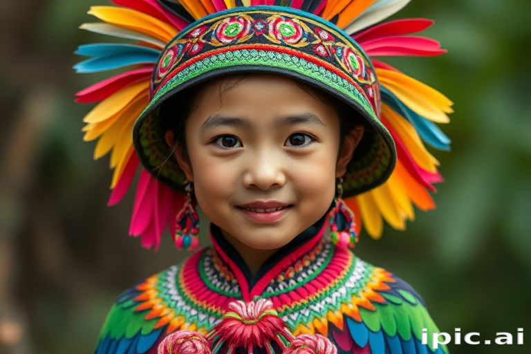 A beautiful Miao girl, wearing colorful bird clothing with vibrant colors