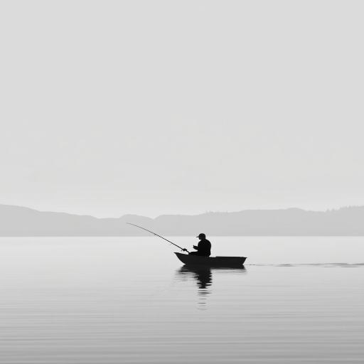 Create a high-contrast illustration of a person fishing in a small boat on a calm water body, with a minimalist design in grayscale, shot with a DSLR camera at f/8 aperture, ISO 100, 50mm lens, and a shallow depth of field to enhance the subject clarity while maintaining a blurred background.