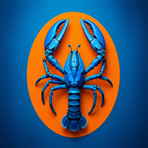 Create a vibrant, digital artwork of a blue lobster symbolizing the zodiac sign Cancer, set against a textured blue background with a radiant orange circle, using a Canon EOS R5 camera at 50mm, f/1.8 aperture, ISO 100, and a focus on vivid colors and sharp details.