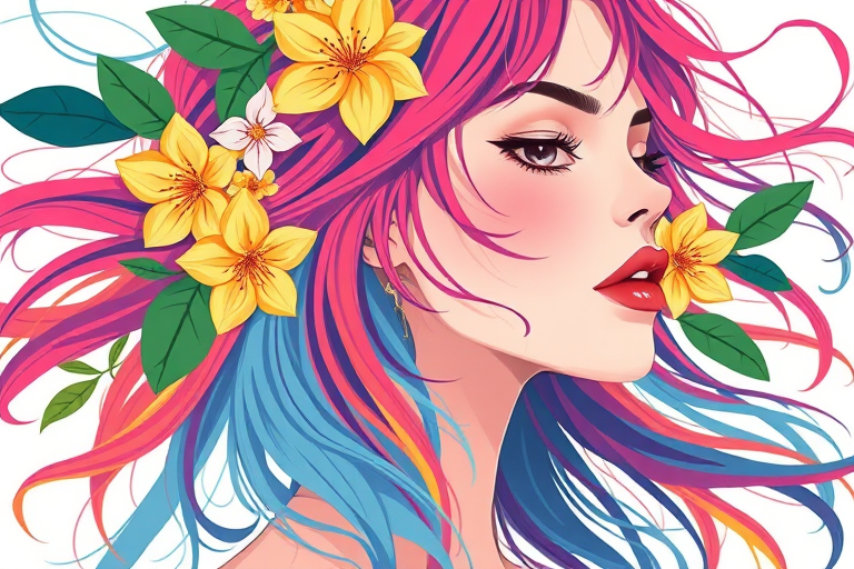 Create a vibrant illustration of a woman with flowing, multi-colored hair, adorned with flowers and lemons in a minimalist style; camera settings: ISO 100, aperture f/8, shutter speed 1/125s; camera view: close-up; camera style: high contrast; camera type: digital art illustration.