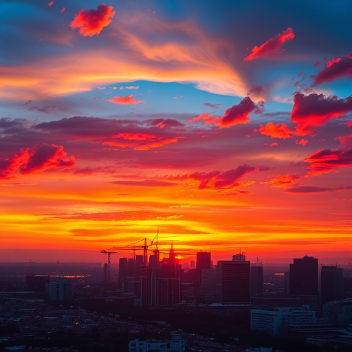 Create a vibrant digital artwork of a sunset over a city skyline with colorful clouds, using a Canon EOS R5 camera, 24mm lens, f/8 aperture, ISO 100, and a wide-angle perspective for enhanced detail and depth.