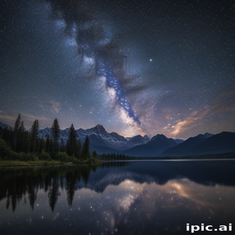Majestic Night Sky Reflecting in Serene Lake Surrounded by Mountains