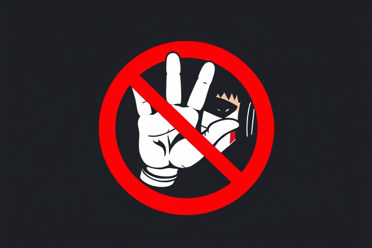 Create an illustration of a prohibition sign featuring a hand signal, with a red circular border and a diagonal red line crossing over a silhouette of a person wearing a face mask and headphones, use a Canon EOS 5D Mark IV camera, with a focal length of 50mm, aperture set to f/8, ISO 100, and a high dynamic range for increased detail and clarity.