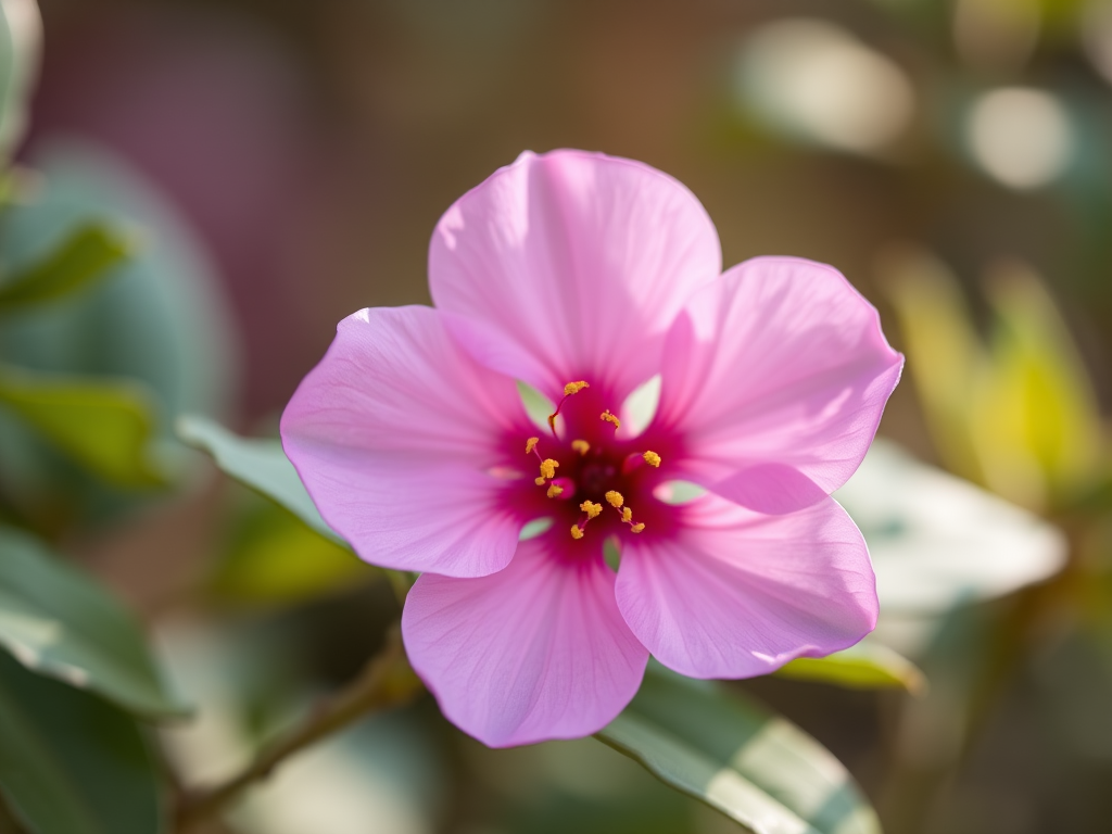 photograph of a pink flower with soft green leaves in the background, taken with a Canon EOS R5, 85mm lens, aperture f/1.8, shutter speed 1/500s, ISO 100, natural light, shallow depth of field, bokeh effect