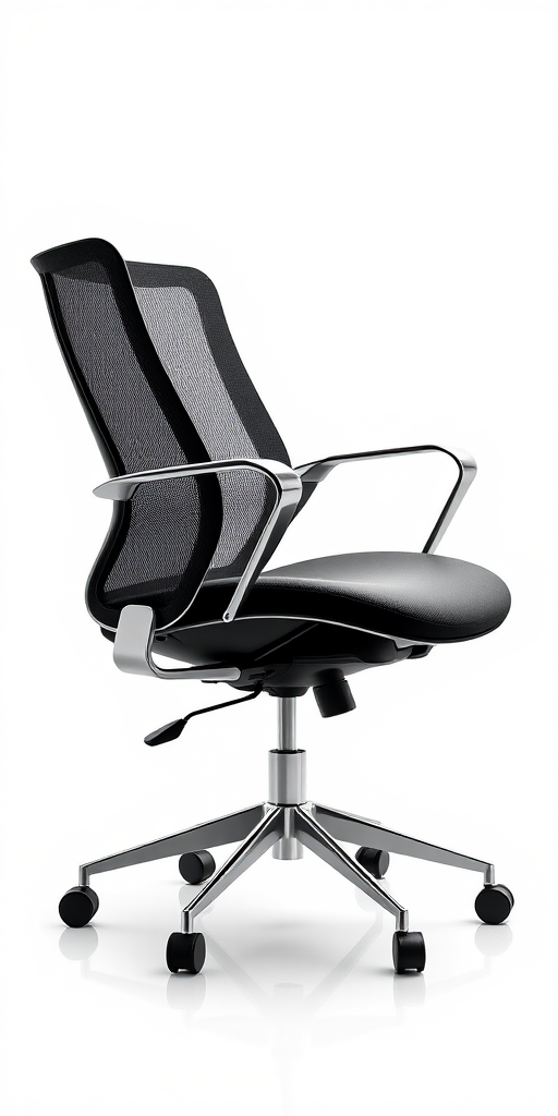 Create a high-resolution vector illustration of a modern office chair, angled view, with detailed shading and reflections, using a Canon EOS 5D Mark IV, f/8 aperture, ISO 100, 50mm lens, studio lighting setup.