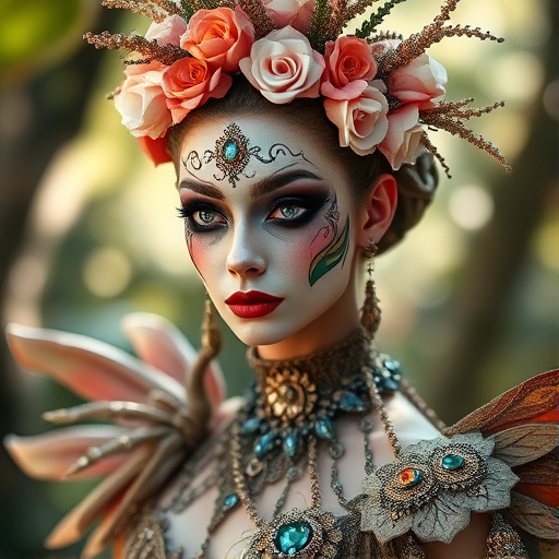 Create a portrait of an elegant fantasy creature with elaborate facial paint and a crown of flowers, wearing an ornate, nature-inspired costume adorned with jewels, captured in soft natural light with a shallow depth of field using a Canon EOS R5 with a 50mm f/1.2 lens, ISO 100, aperture f/1.8, and a slight vignette effect for added depth.