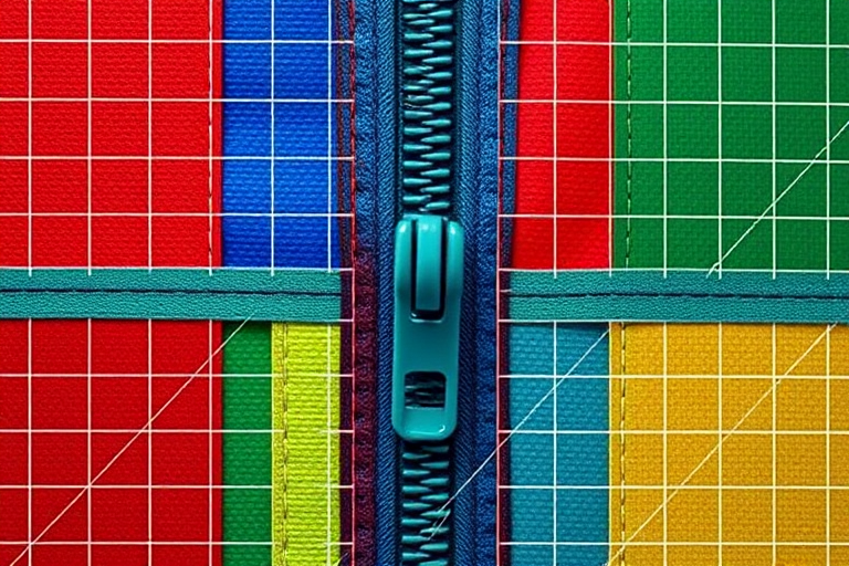 Create an abstract image of a zipper design on a grid, featuring vibrant colors like blue, red, green, and yellow, with a clear focus on the zipper's pull tab in the center, captured with a DSLR camera at f/2.8, ISO 100, 50mm lens, and shot from a top-down perspective to enhance detail and clarity.