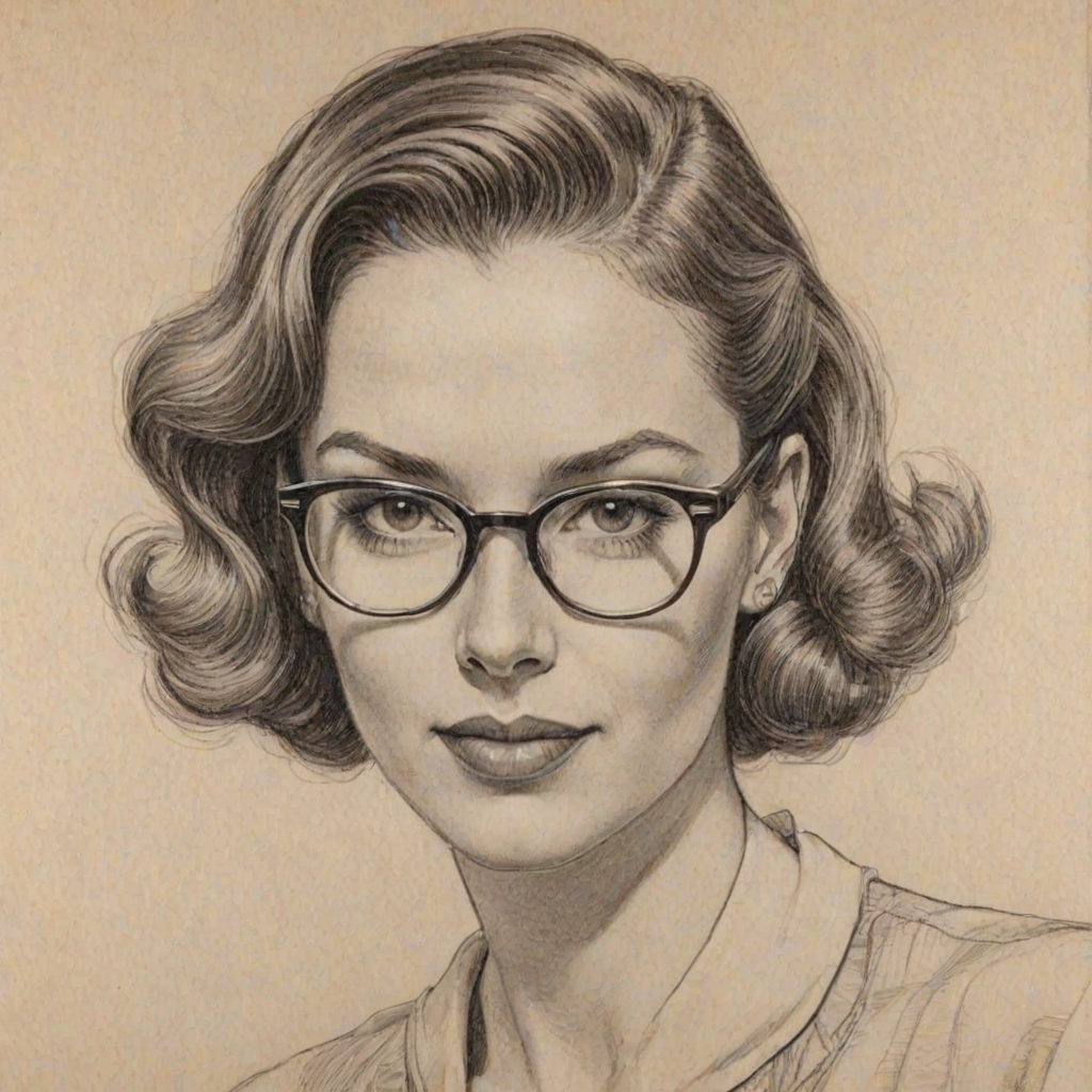 Stunning Tanya Chisholm, pencil sketch, portrait of Fascinating woman 1943s in glasses, hair style beatnik, outline, clear lines, fine lines, 8k