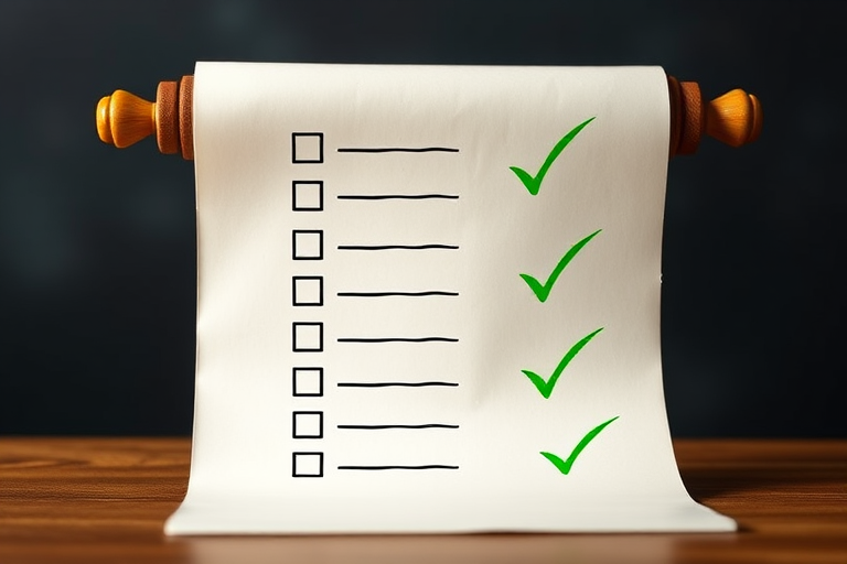 Create a high-resolution vector image of a checklist on a scroll with green checkmarks, using a DSLR camera with a 50mm lens at f/2.8 aperture, a 1/200 shutter speed, and a soft-focus background to enhance the subject.