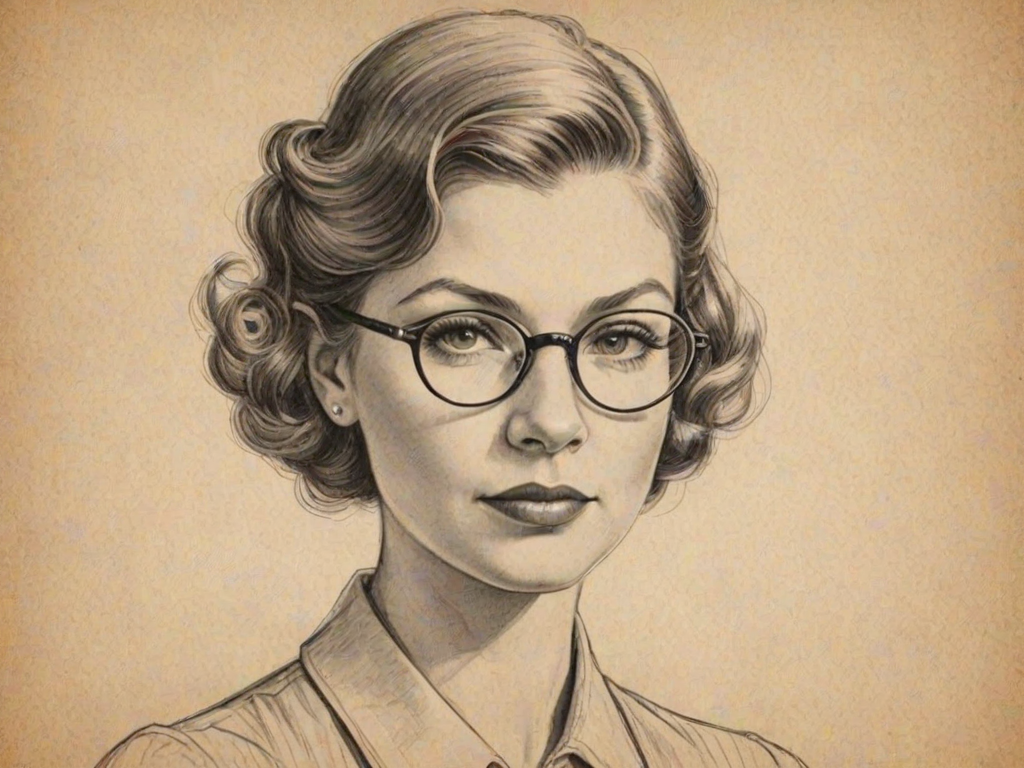 Fetching Fergie, pencil sketch, portrait of Lovely woman 1930s in glasses, hair style beatnik, outline, clear lines, fine lines, 8k