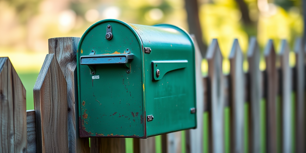 Generate an image of a vintage green mailbox mounted on a wooden fence, showing rich textures and vibrant colors, taken with a DSLR camera at f/4 aperture, ISO 100, 50mm lens, and a soft focus background to enhance depth.