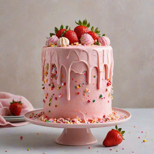 Create an image of a pink cake with a smooth frosting finish. The cake is topped with fresh strawberries and decorative swirls of pink frosting. There is a white chocolate drip effect cascading down the sides, and the base is adorned with a variety of colorful sprinkles. The cake is displayed on a white plate against a soft, neutral background.