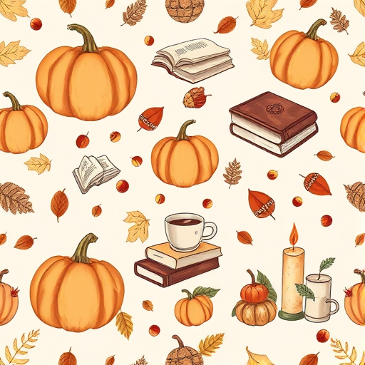 Create a seamless pattern featuring hand-drawn elements such as pumpkins, books, coffee cups, leaves, acorns, and candles on a light beige background. The design should have a whimsical and cozy autumn theme, with a balanced distribution of the various elements throughout the composition.