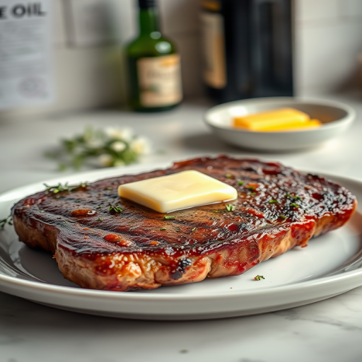 Create an image of a perfectly seared ribeye steak, resting on a white plate with a pat of melting butter on top. The steak is seasoned with fresh herbs like thyme and parsley, with glistening juices highlighting the texture of the meat. The background features a soft focus on a light, marble countertop, with a small dish of butter and an olive oil bottle in the distance. The overall mood should be warm and inviting, capturing the deliciousness and juiciness of the steak.