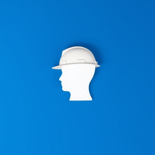Create a high-resolution image of a white silhouette of a person's head wearing a hard hat centered in a blue circular background, shot with a Canon EOS R5 camera at f/8, ISO 100, 1/250s, using a macro lens and a flat lay perspective for sharp details and vibrant colors.