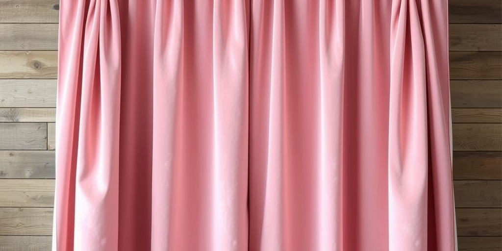Create a high-resolution image of a pastel pink velvet curtain draped elegantly in front of a rustic wooden wall, using a DSLR camera with a 50mm lens, f/1.8 aperture, ISO 100, and soft natural lighting for enhanced texture and detail.