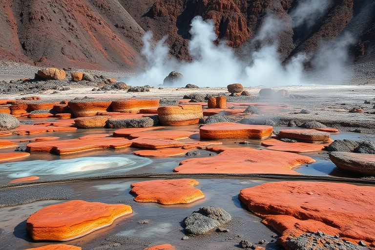 landscape of geothermal area with steam rising from the ground, rocky terrain with vibrant colors and textures, taken with a Canon EOS R5, 24mm lens, f/8 aperture, 1/250 sec shutter speed, ISO 100, in natural light, wide angle view for depth and detail