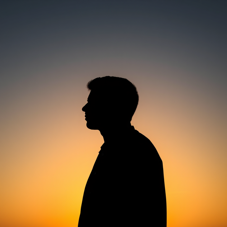 Generate a high-quality image of a silhouette of a person with a sunset background, using a Canon EOS R5 with a 50mm lens at f/1.8, ISO 100, and a shutter speed of 1/200s, in portrait mode to enhance detail and depth.