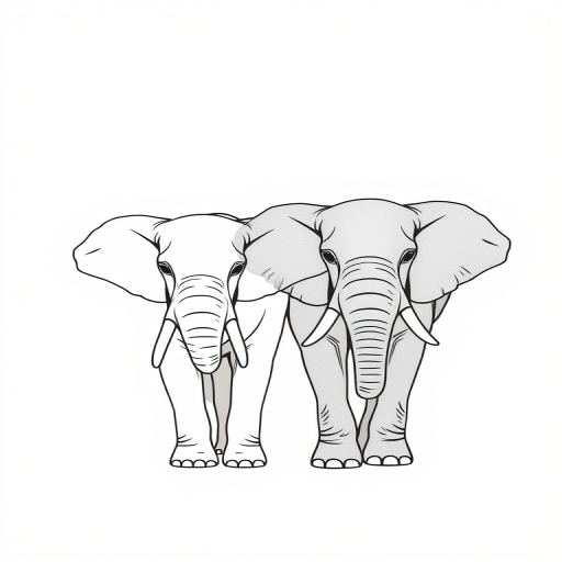 create a minimalist line drawing of two elephants, one light beige and one gray, on a plain white background, with soft shadows, taken with a Canon EOS R5, 50mm lens, f/1.8, ISO 100, in natural light for enhanced image quality.