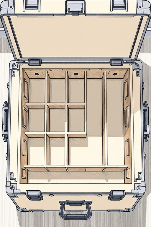 Create a detailed illustration of an open storage case with multiple compartments, using a high-resolution camera at 50mm focal length, f/8 aperture, ISO 100, and soft natural lighting, viewed from a top-down perspective to emphasize the internal divisions and texture of the case.