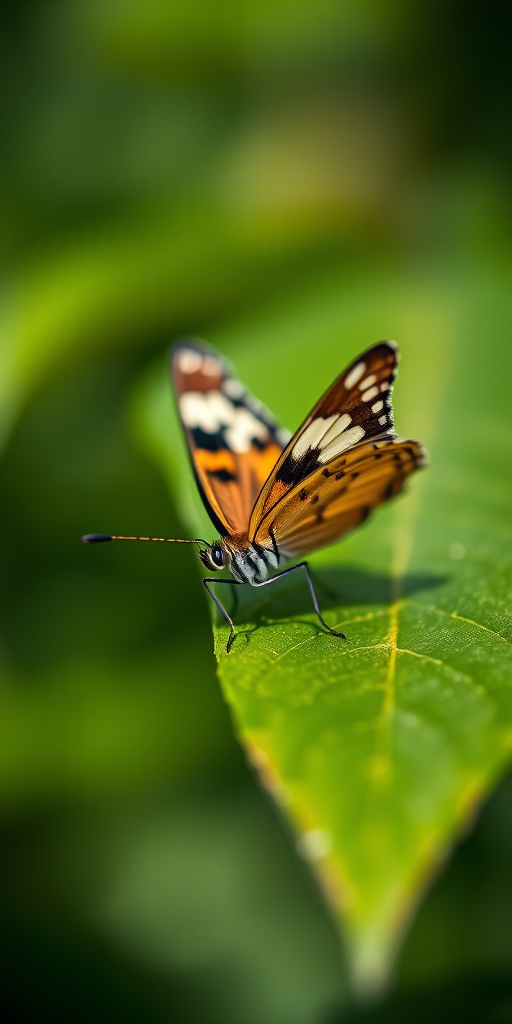 Capture a close-up of a butterfly resting on a green leaf with a shallow depth of field, using a DSLR camera with a 50mm lens, f/2.8 aperture, ISO 100, and a shutter speed of 1/200s, in natural light at an eye level perspective.