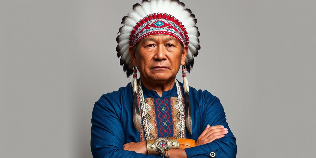 Create a dignified portrait of a Native American man dressed in traditional attire. He wears a beautifully crafted headdress adorned with white feathers and red beads, along with a beaded headband featuring intricate patterns. His clothing includes a deep blue, patterned shirt and a traditional chest piece with detailed beadwork. His arms are crossed, displaying leather armbands decorated with feathers. The background is simple and neutral, emphasizing his proud and stoic expression. The overall image captures the rich cultural heritage and strength of his persona.