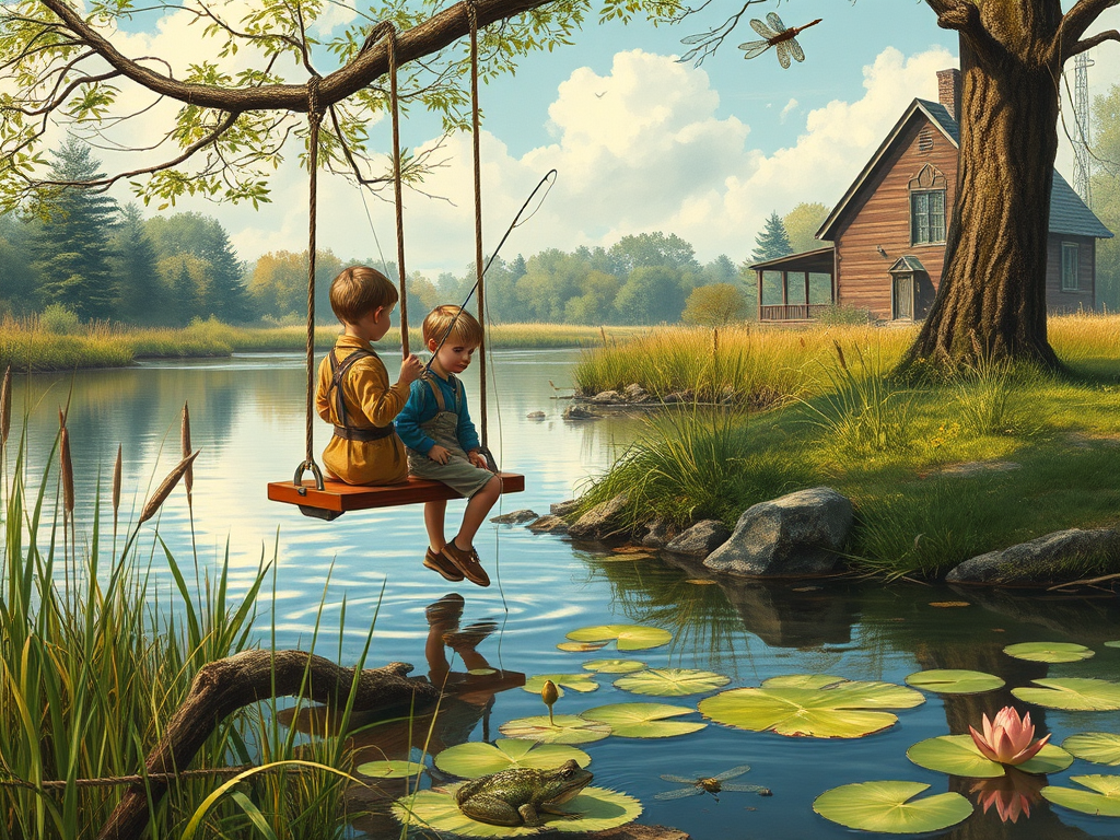 Imagine a small group of old fashioned young boys out fishing by the creek, a swing hanging from a tree branch, reeds and grasses by the water's edge, a frog sitting on a lily pad, dragonflies hovering over som water plans, a very iconic old fashioned scene reminiscent of a Norman Rockwell painting style